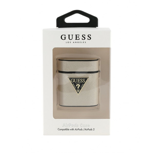 Чехол Guess Saffiano PU Leather Case Metal Logo для AirPods бежевый