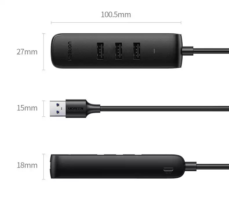 Адаптер UGREEN CM416 (20984) USB 2.0 to 3×USB 2.0+RJ45 (100Mbps) Ethernet Adapter чёрный