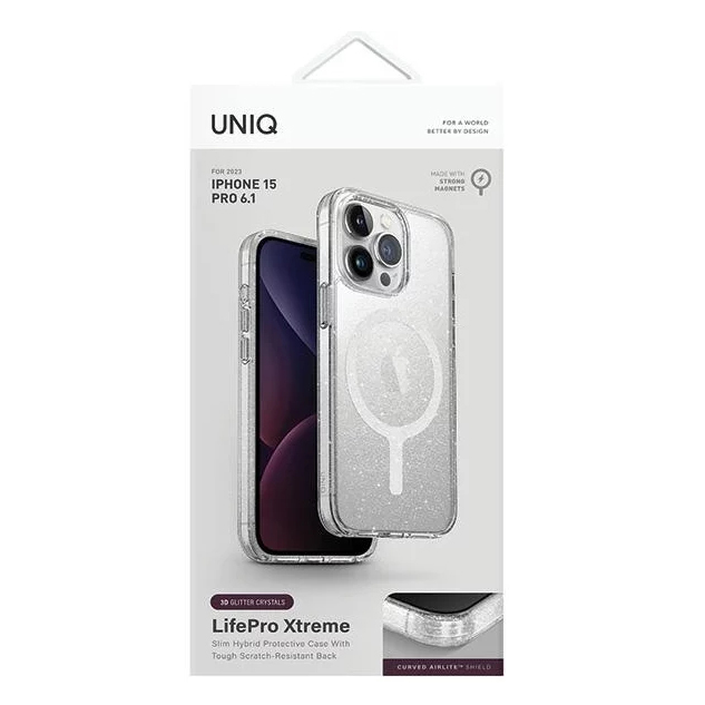 Чехол Uniq Lifepro Xtreme MagSafe для iPhone 15 Pro прозрачный с блёстками (Tinsel)