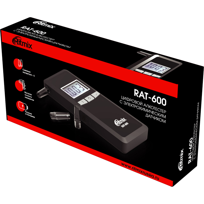 Алкотестер Ritmix RAT-600 чёрный (Диапазон: 0,00-2,00 мг/л; ±0,025 мг/л)