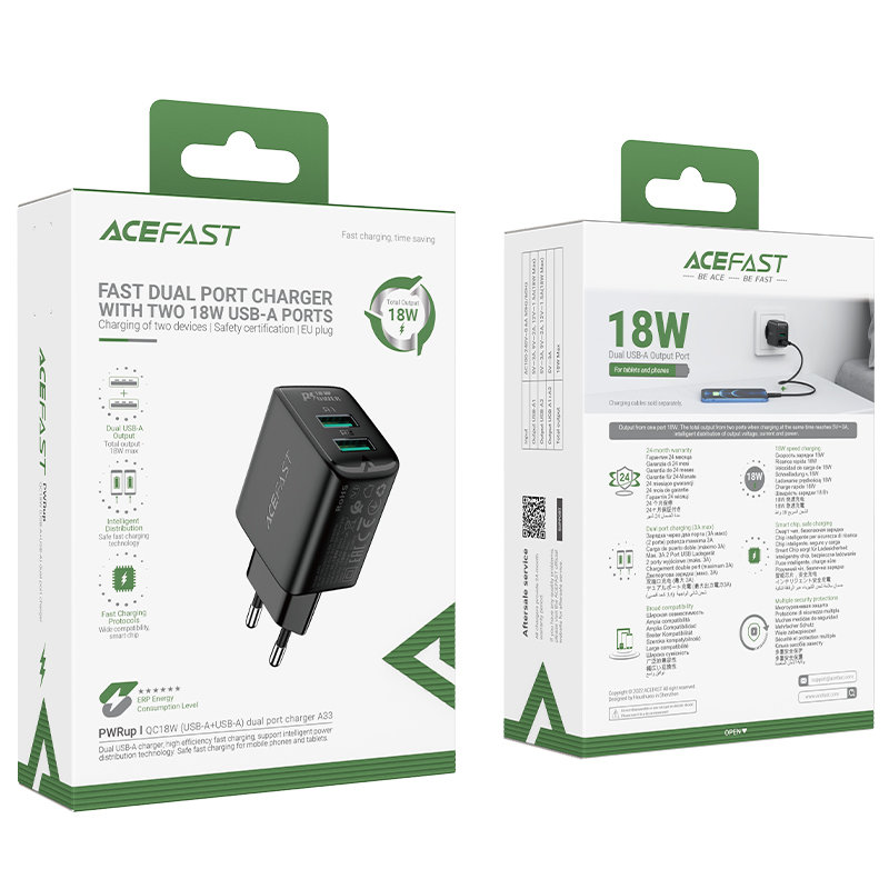 Сетевое зарядное устройство Acefast A33 2 x USB 18W Wall Charger чёрное (AF-A33-BK)
