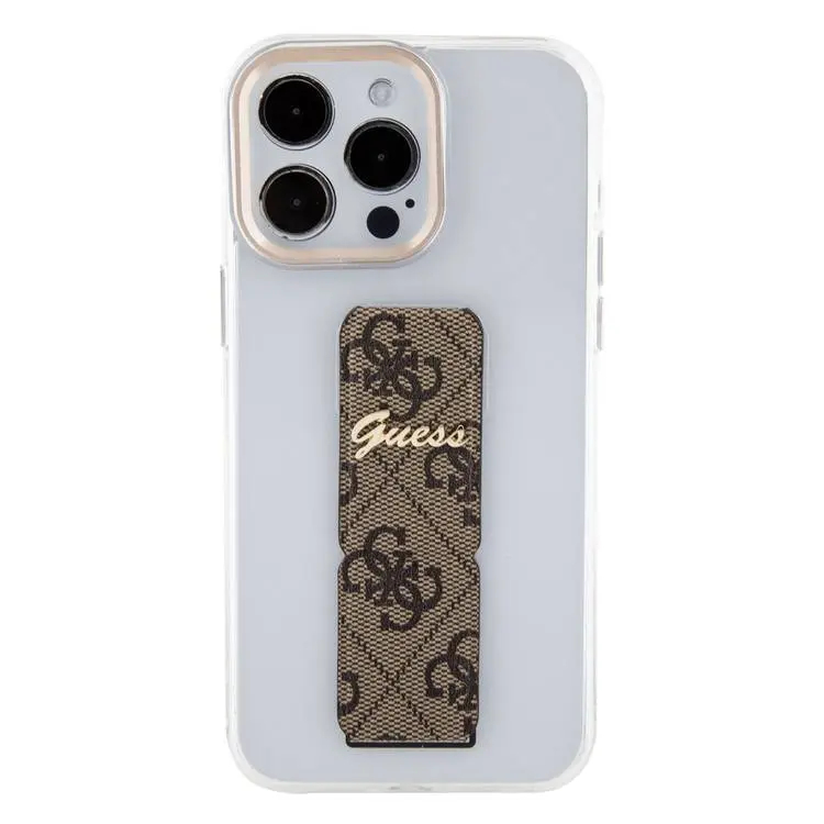 Чехол CG Mobile Guess Grip Stand Clear Case 4G Script Logo для iPhone 15 Pro Max прозрачный / коричневый