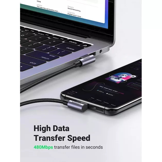 Кабель Ugreen US176 USB-A to USB-C Cable Angled Cable (1 метр) чёрный / серый космос (20856)