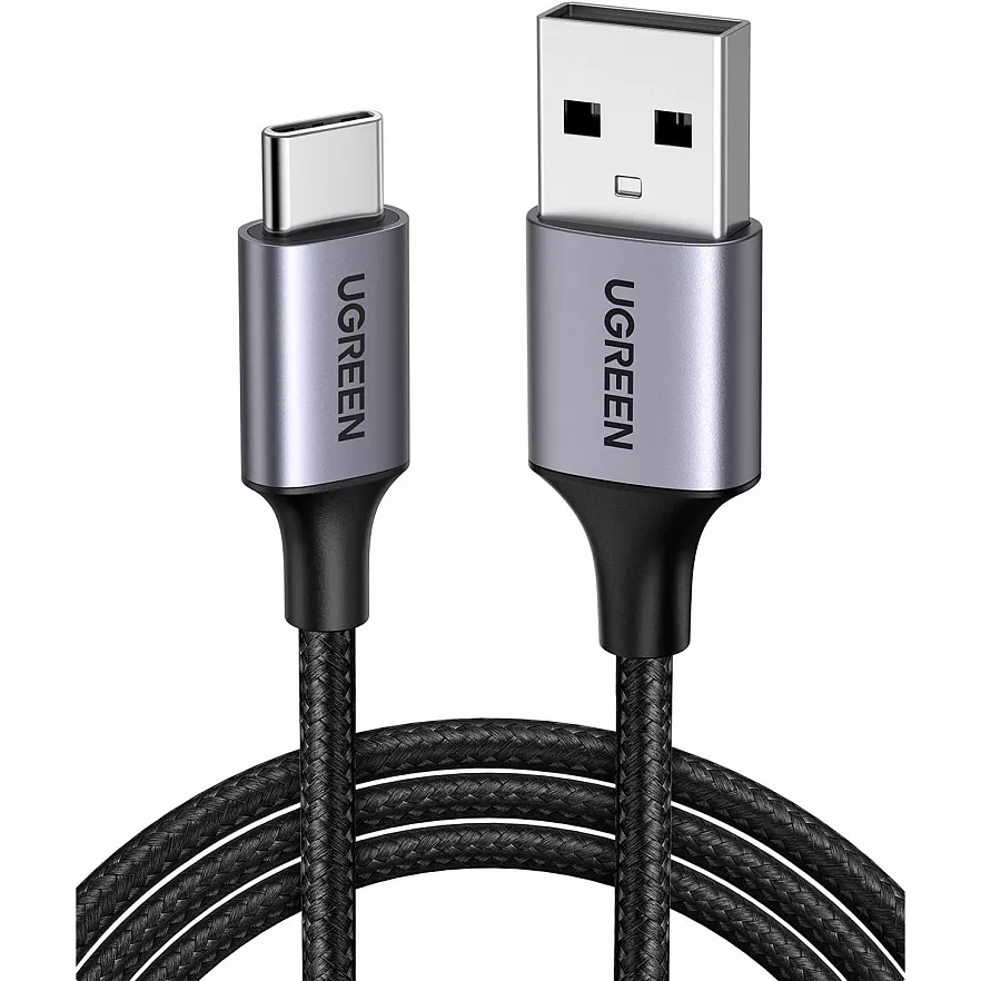 Кабель Ugreen US288 USB-A 2.0 to USB-C Cable Nickel Plating Aluminum Nylon Braid (1,5 метра) чёрный / серый космос (60127)