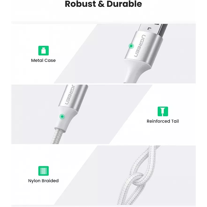 Кабель Ugreen US288 USB-A 2.0 to USB-C Cable Nickel Plating Aluminum Nylon Braid (3 метра) серебристый / белый (60409)