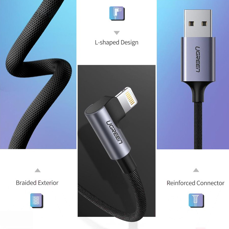 Кабель Ugreen US299 Right Angle USB-A to Lightning Cable (1 метр) чёрный (60521)