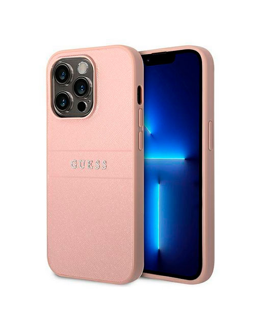 Чехол Guess для iPhone 14 Pro Max PU Saffiano с metal logo Hard Розового цвета
