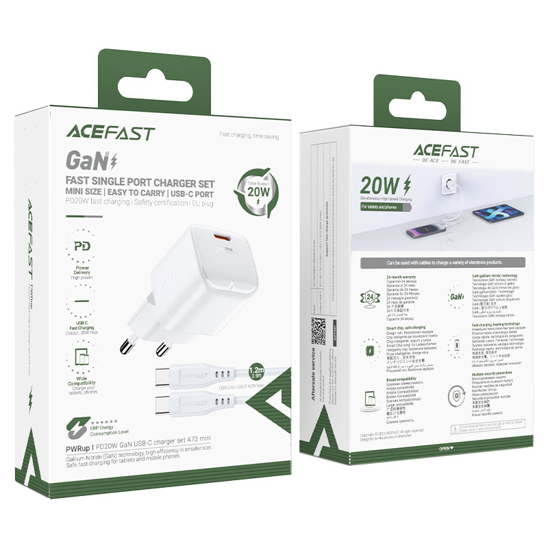 Сетевое зарядное устройство Acefast A73 Mini PD20W GaN USB-C Charger белое (AF-A73-WH)