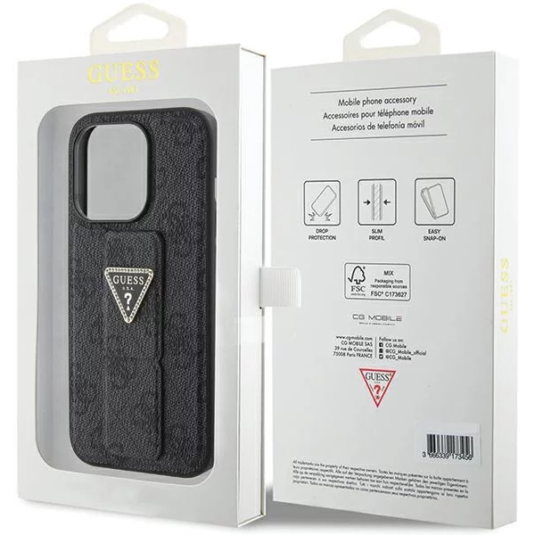 Чехол CG Mobile Guess Grip Stand PU 4G Triangle Diamond Metal Logo для iPhone 15 Pro чёрный