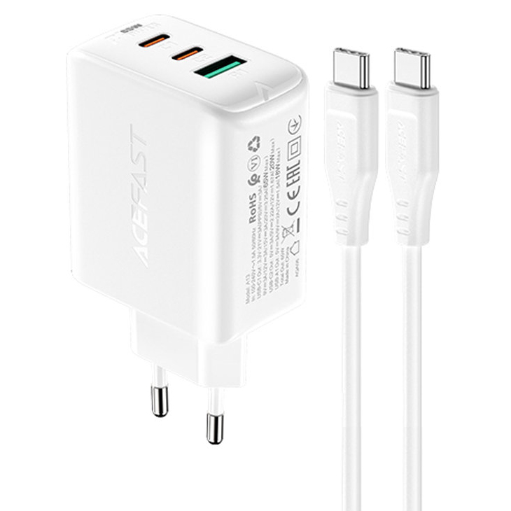 Сетевое зарядное устройство Acefast A13 65W 2 x USB-C + 1 x USB-A с кабелем USB-C белое (AF-A13-WH)