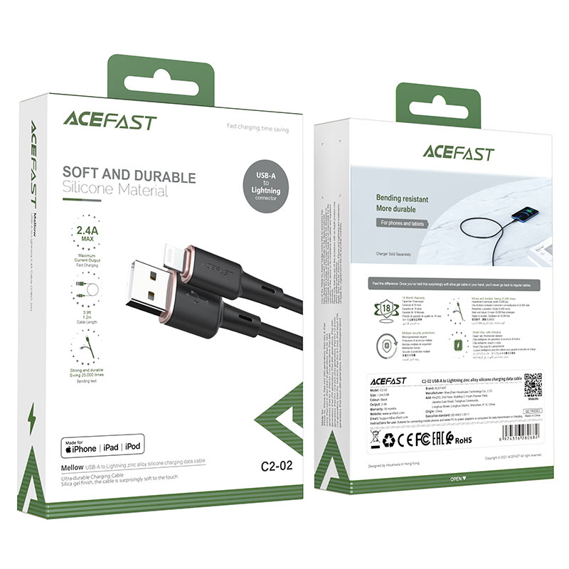 Кабель Acefast C2-02 USB-A to Lightning Charging Data Cable (1,2 метра) чёрный (AF-C2-02-BK)