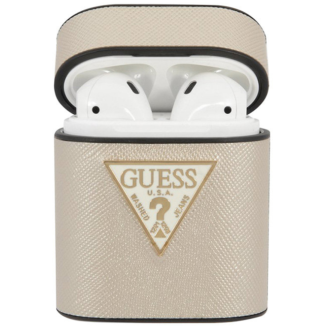 Чехол Guess Saffiano PU Leather Case Metal Logo для AirPods бежевый