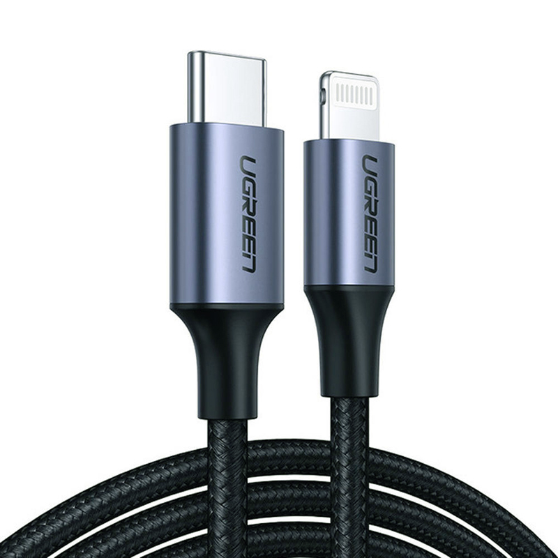 Кабель Ugreen US304 (2 метра) Lightning to USB-C Cable Aluminum Shell Braided с поддержкой PD чёрный