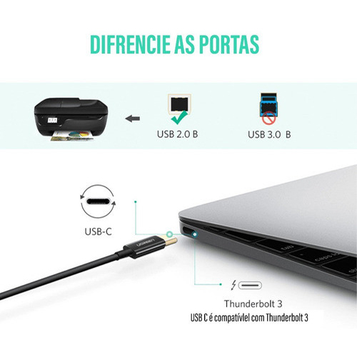 Кабель Ugreen US241 (50446) USB-C to USB Type-B Print Cable (2 метра) для подключения принтера чёрный