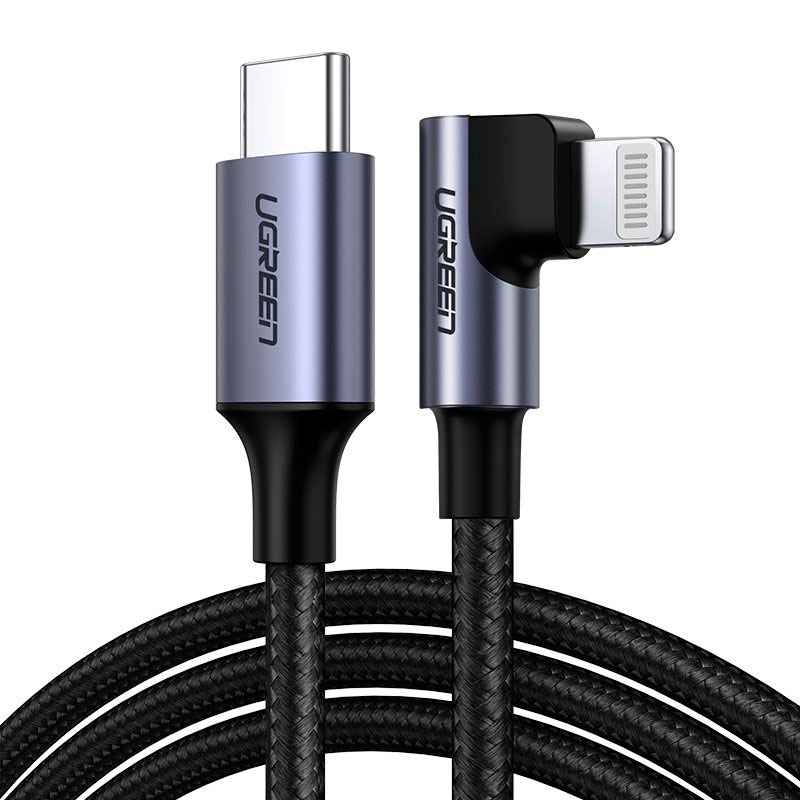 Кабель угловой Ugreen US305 (1 метр) Lightning to USB-C Angled Cable Aluminum Shell Braided (PD) чёрный