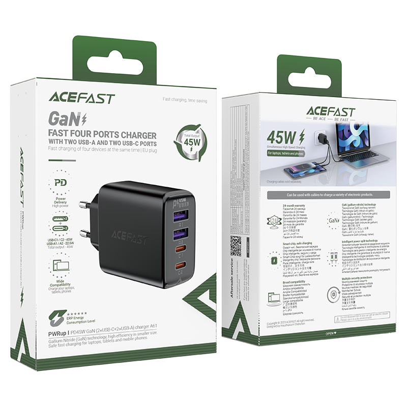 Сетевое зарядное устройство Acefast A61 PD45W GaN 2 x USB-C + 2 x USB Charger чёрное (AF-A61-BK)