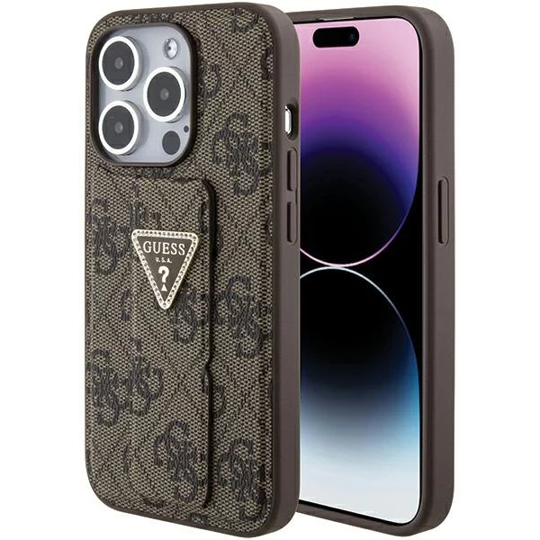 Чехол CG Mobile Guess Grip Stand PU 4G Triangle Diamond Metal Logo для iPhone 15 Pro коричневый