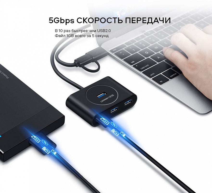 UGREEN CR113 (40850) USB 3.0 - 4xUSB 3.0 Hub with USB-C Port (1 метр) чёрный