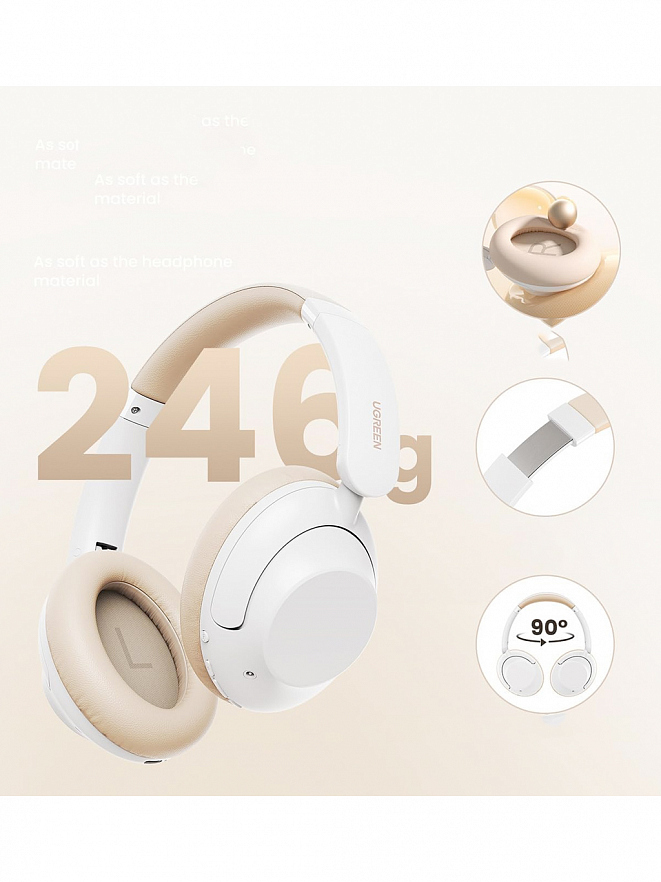 Наушники накладные беспроводные UGREEN HP202 (15809) HiTune Max 5 Hybrid Active Noise-Cancelling белые