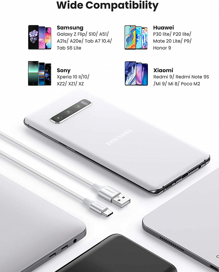 Кабель UGREEN US288 (60133) USB-A 2.0 to USB-C Cable Nickel Plating Aluminum Nylon Braid (2 метра) серебристый/белый