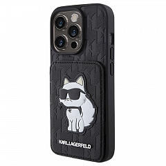 Чехол Lagerfeld для iPhone 15 Pro Cardslot Stand PU Saffiano Monogram NFT Choupette Hard Black