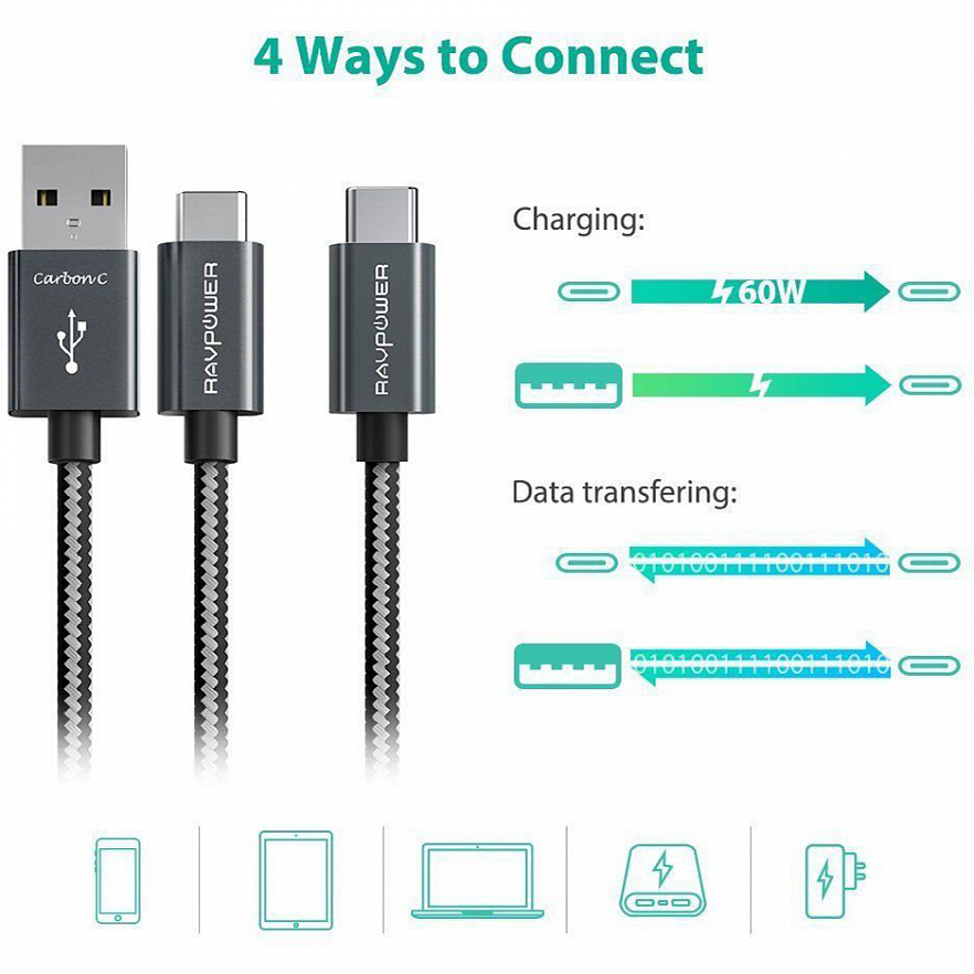 Кабель RAVpower USB-C to USB / USB-C 60W (1,8 метра) чёрный (RP-TPC006)