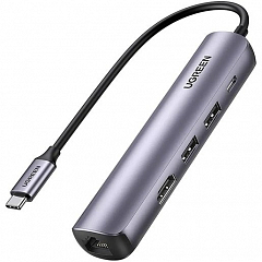 Мульти Хаб UGREEN CM418 (10919) USB-C to 2*USB 3.0+HDMI+RJ45 Ethernet Adapter+PD серебристый