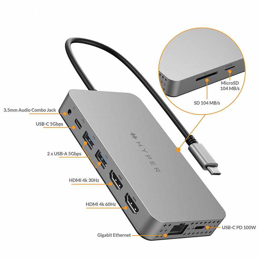Мульти Хаб HyperDrive Dual 4K HDMI 10-in-1 USB-C Hub 2 x USB Type-C / Ethernet / 2 x HDMI / 2 x USB / mini jack 3.5 mm / microSD / SD серый (HDM1H)