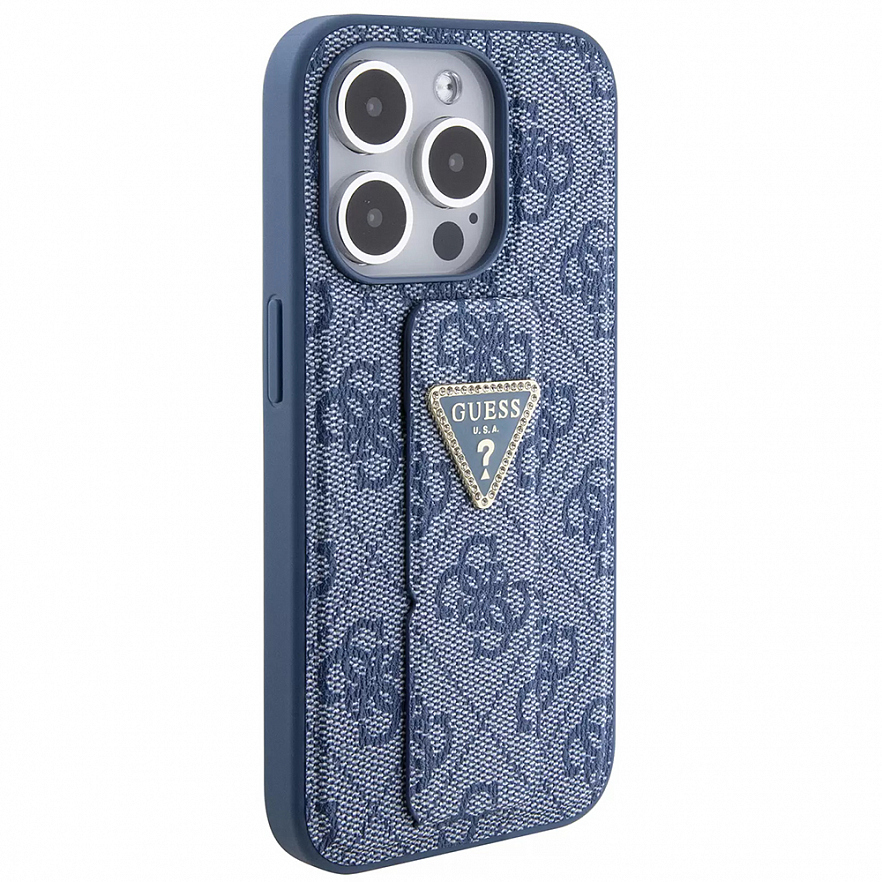 Чехол CG Mobile Guess Grip Stand PU 4G Triangle Diamond Metal Logo для iPhone 15 Pro синий