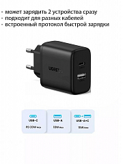 Сетевая зарядка UGREEN X227 (45302) 20W USB-A и USB-C PD черная