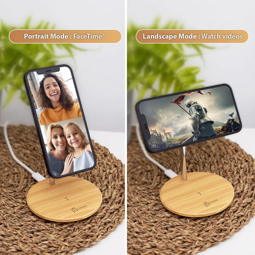 Беспроводное зарядное устройство j5create Wood Grain 2-in-1 Magnetic Wireless Charging Stand дерево (JUPW2106)
