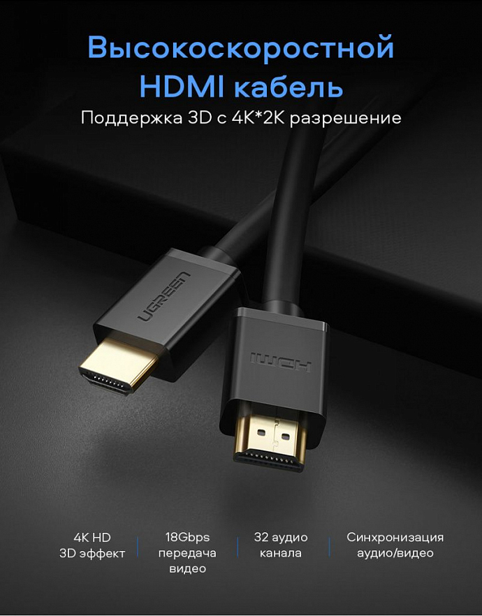 Кабель Ugreen HD104 (10107) HDMI Male To Male Cable (2 метра) чёрный