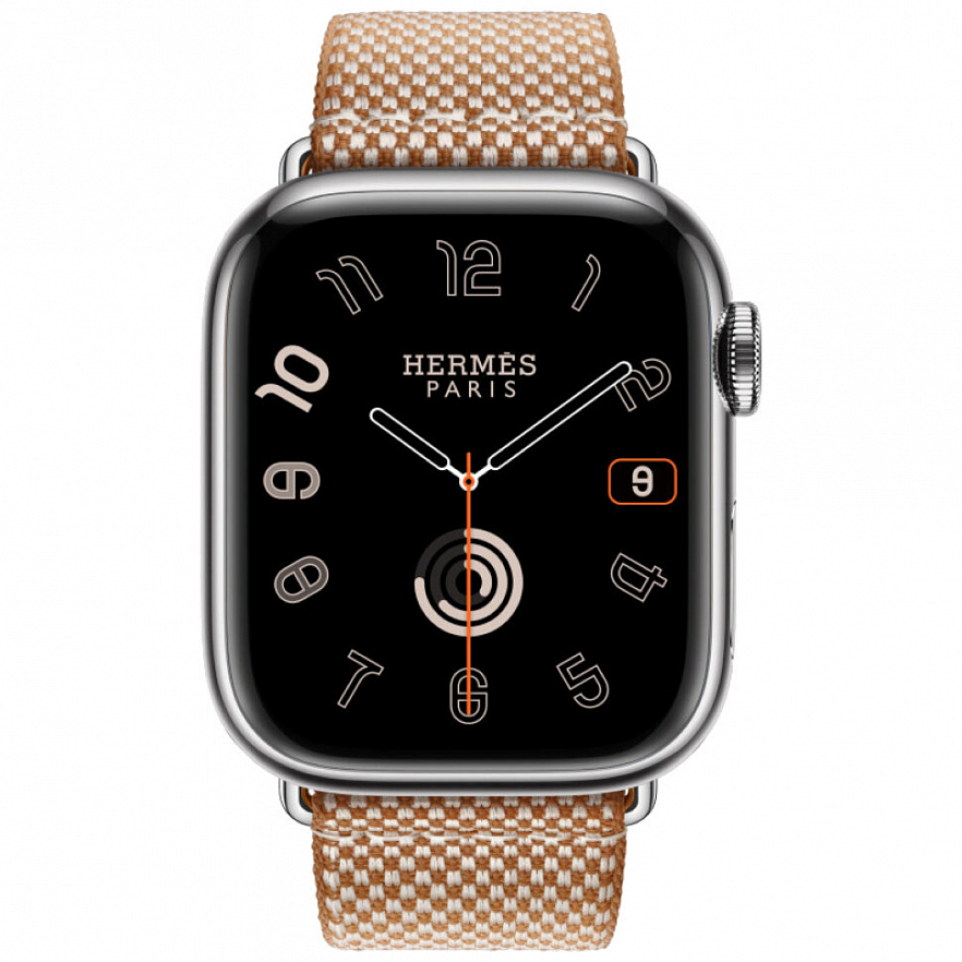 Умные часы Apple Watch Series 10 Hermes 42 мм, клетчатый ремешок из плетеного нейлона золотой с белым