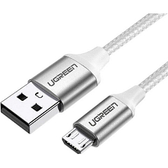 Кабель UGREEN US290 (60151) USB-A 2.0 to Micro-USB Cable Nickel Plating Alu Braid (1 метр) серебристый/белый