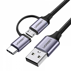 Кабель UGREEN US177 (30875) USB-A to Micro USB + USB Type-C Cable (1 метр) чёрный