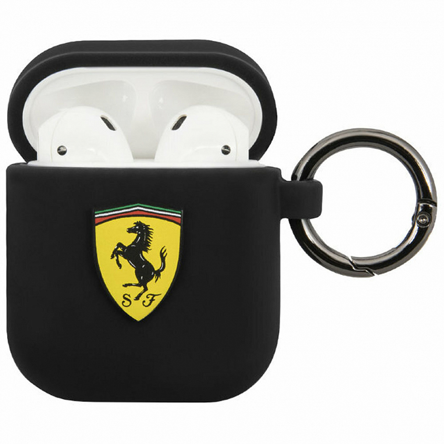 Чехол Ferrari Silicone case with ring с карабином для Airpods 1/2 чёрный