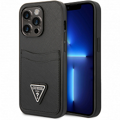 Чехол CG Mobile Guess PU Saffiano Double Cardslot w Metal Triangle Logo Hard для iPhone 14 Pro чёрный