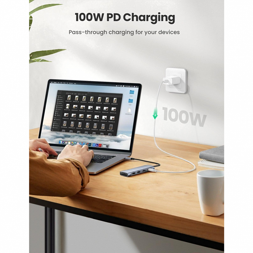 Мульти Хаб UGREEN CM195 (70411) USB-C to 2 Ports USB3.0-A Hub + HDMI + TF/SD with PD Power Supply серый космос