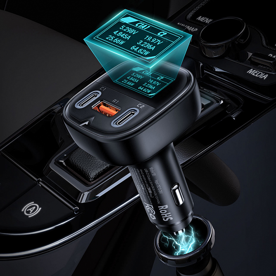 Автомобильное зарядное устройство Acefast B5 101W 2 x USB-C + USB-A Car Charger с OLED дисплеем (AF-B5-BK)