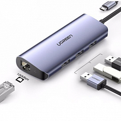 Мульти Хаб UGREEN CM252 (60719) USB-A to 3×USB 3.0+RJ45+Micro-USB Multifunction Adapter серый