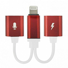 Разветвитель Double Lightning Audio / Charge для iPhone красный (с белым проводом)