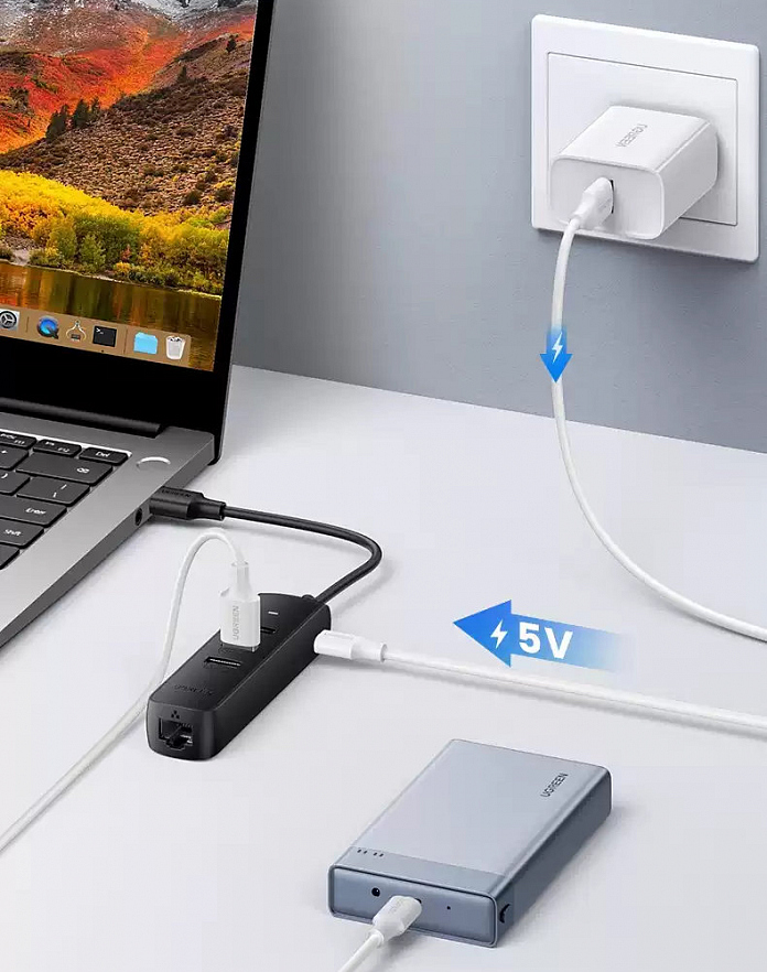 Адаптер UGREEN CM416 (20983) USB 2.0 to 3×USB 2.0+RJ45 (100Mbps) Ethernet Adapter белый