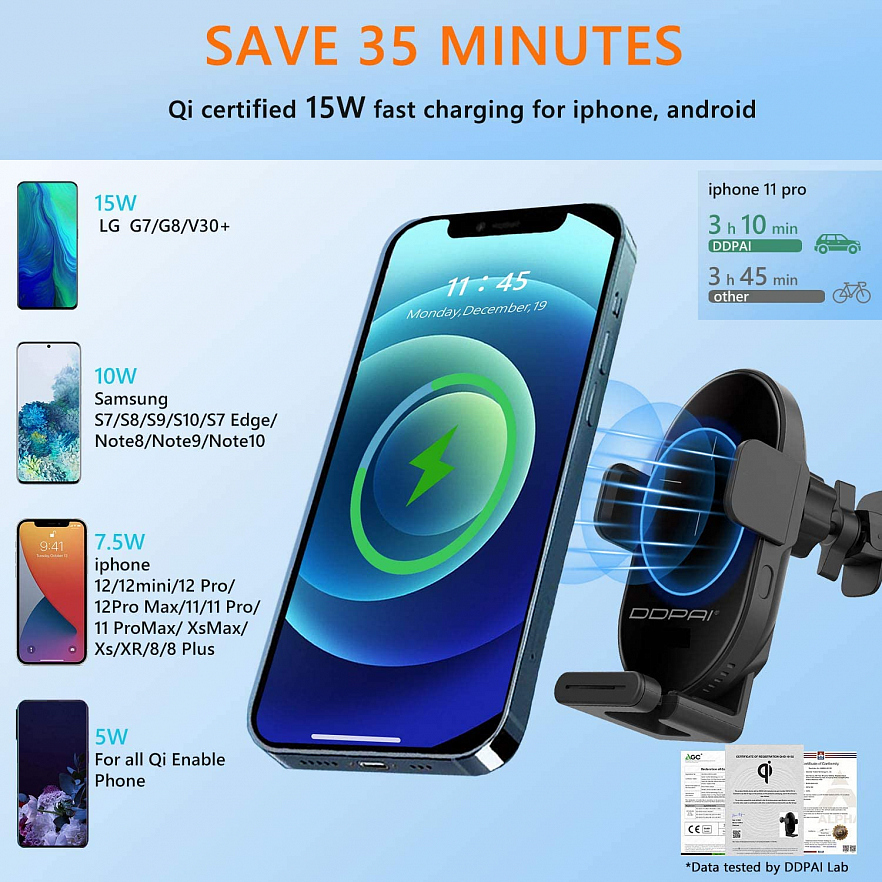 Держатель автомобильный DDPAI Wireless Car Charger 15 Вт с электроприводом и с функцией беcпроводной зарядки чёрный