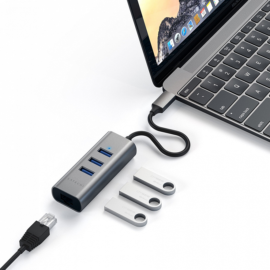 Переходник Satechi Type-C 2-in-1 USB 3.0 & Ethernet Aluminium Hub серый космос (ST-TC2N1USB31AM)