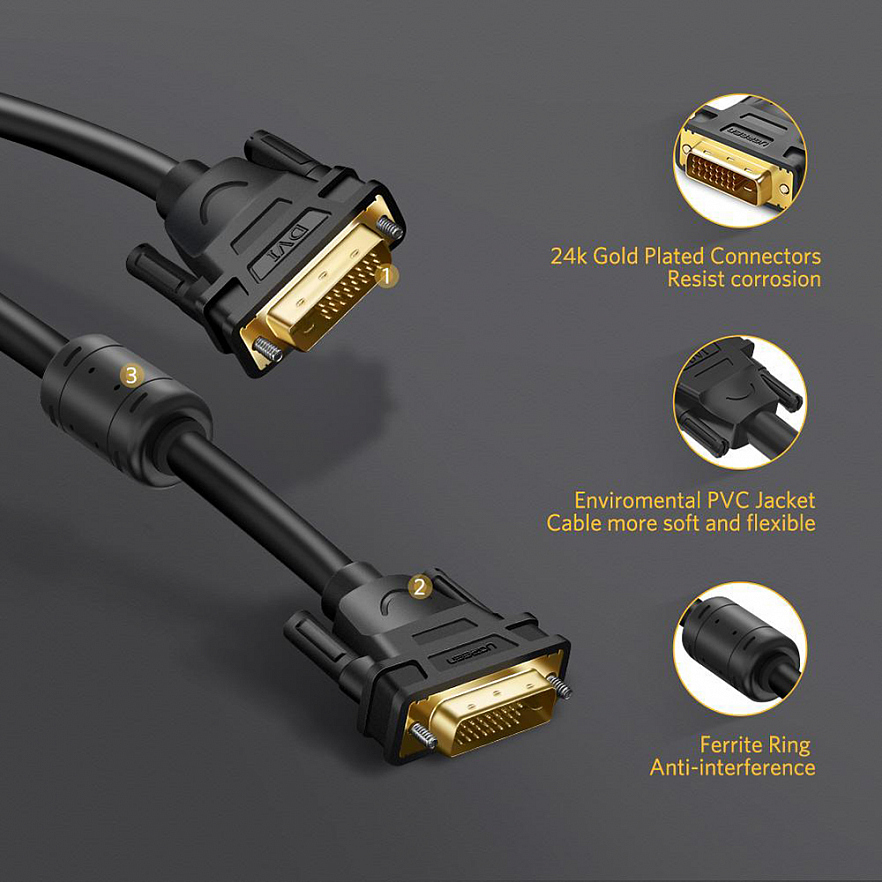 Кабель Ugreen DV101 DVI (24+1 pin) to DVI (24+1 pin) Cable (2 метра) чёрный (11604)