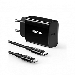 Сетевое зарядное устройство Ugreen CD137 (50799) PD 20W Fast Charger Set  с кабелем USB-C - Lightning чёрное