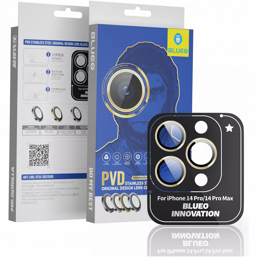 Защитное стекло Blueo Camera Lens PVD stainless steel для камеры iPhone 14 Pro/14 Pro Max золотистое (3 шт+install)