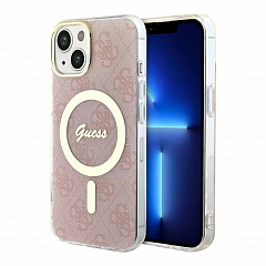 Чехол Guess PC/TPU 4G Hard для iPhone 15 Pink/Gold (MagSafe)
