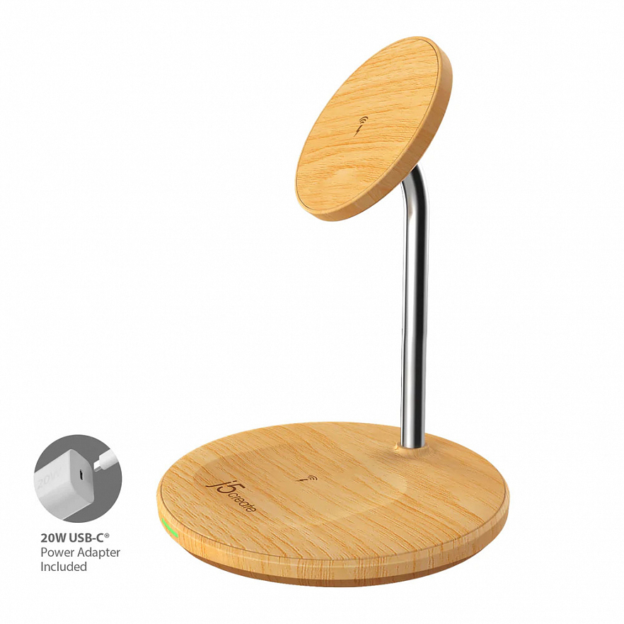 Беспроводное зарядное устройство j5create Wood Grain 2-in-1 Magnetic Wireless Charging Stand дерево (JUPW2106)