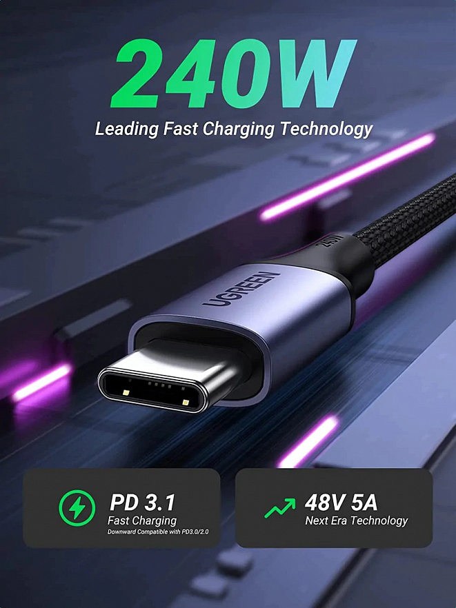 Кабель Ugreen US535 (90440) USB-C to USB-C Cable 240W Aluminum Case With Braid (2 метра) Серый космос